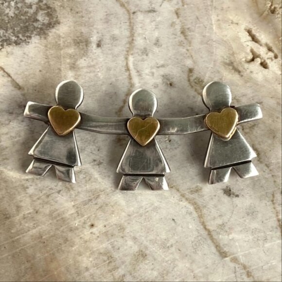 VTG Sterling Silver 925 1.69" Signed Naldo 3 Sisters Paper Dolls Heart Brooch - Picture 8 of 14